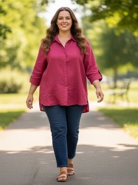 Avenue Fuchsia Linen blend  Button-Down Shirt plus size 26/28